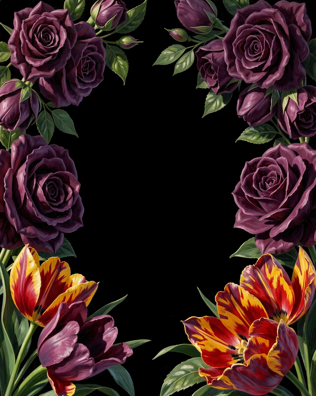 Oil painted plum roses and parrot tulips form corner borders against a solid black background