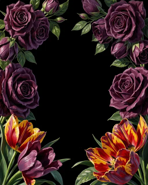Oil painted plum roses and parrot tulips form corner borders against a solid black background