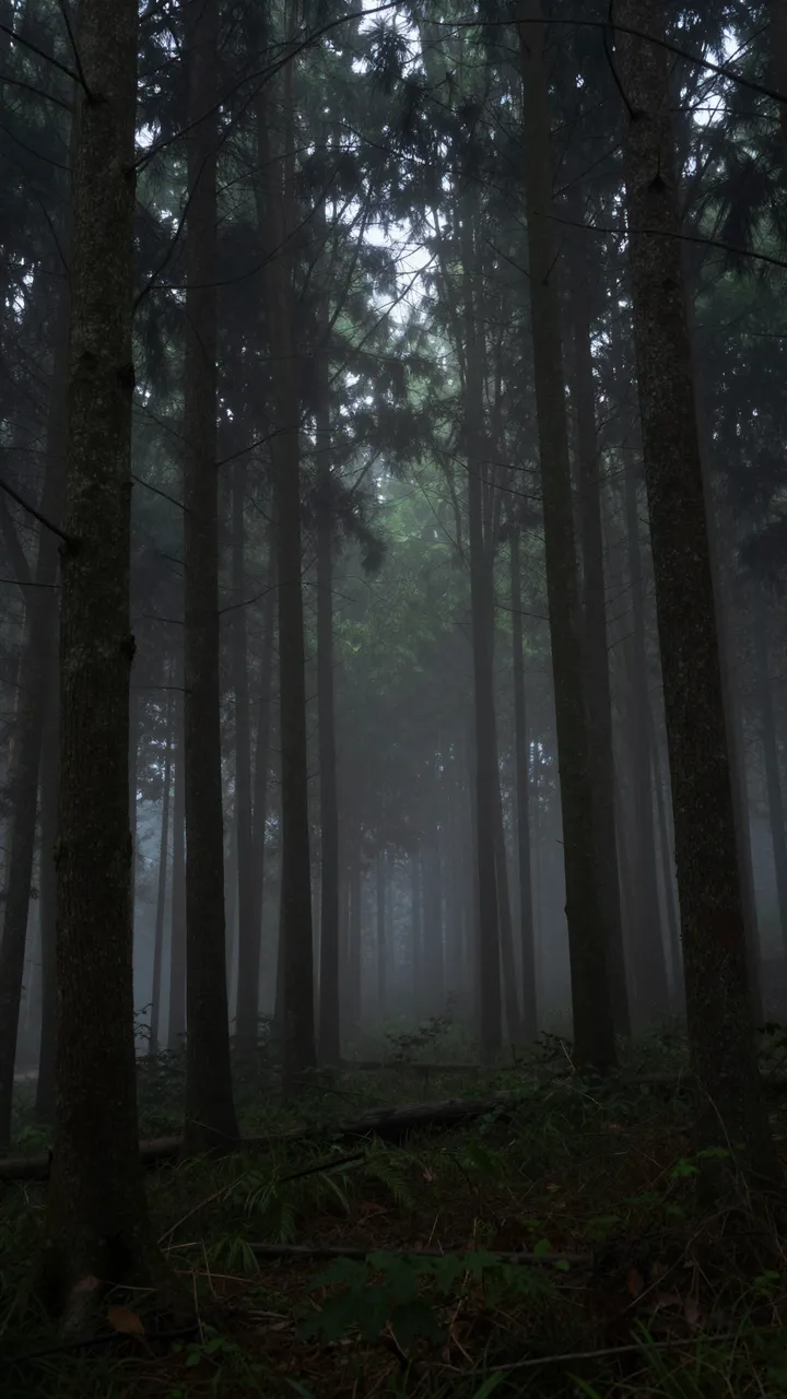 Tall dense tree trunks stand in thick mist across a dim, moody night forest floor.