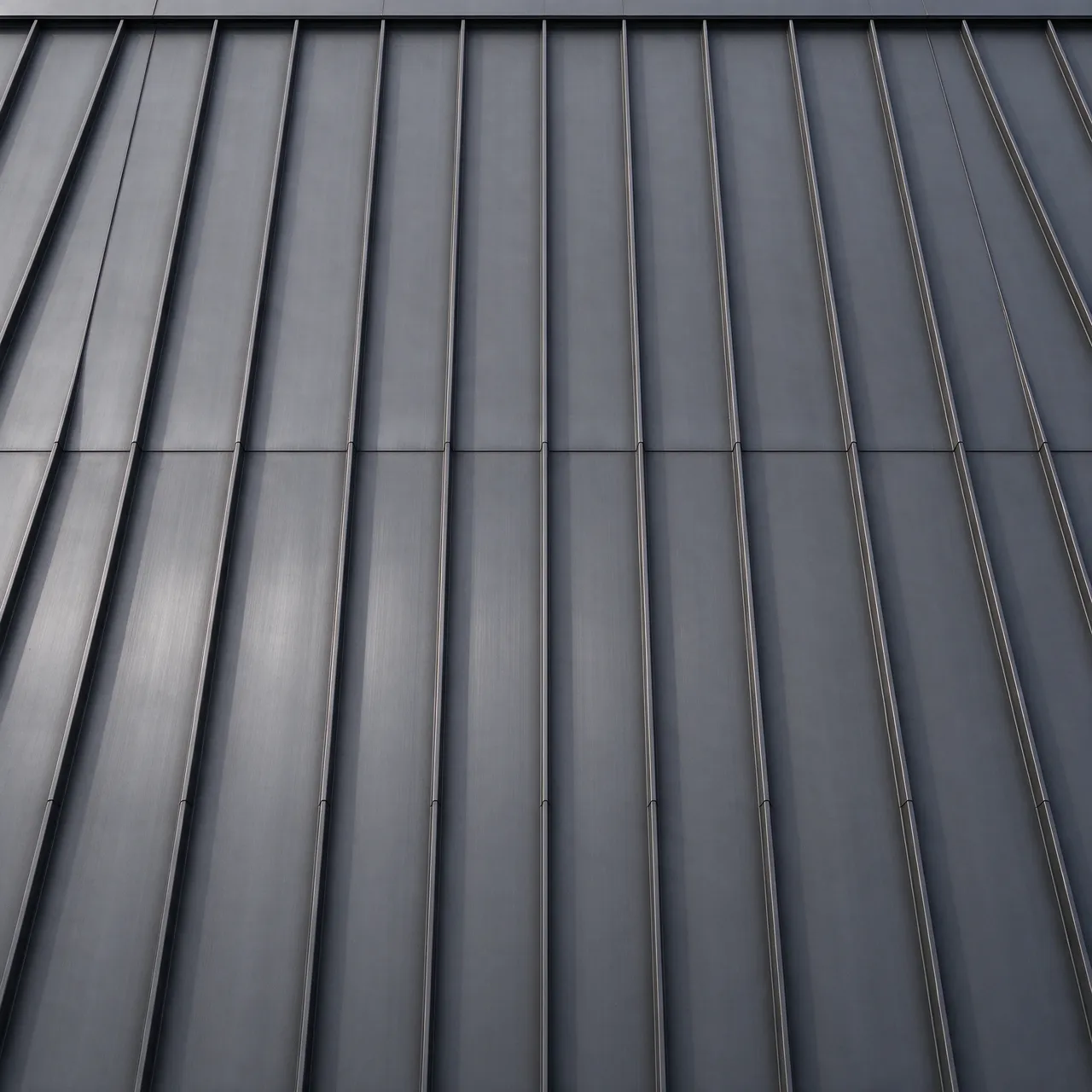 Full frame close-up of matte dark gray standing seam metal paneling with evenly spaced vertical ribs