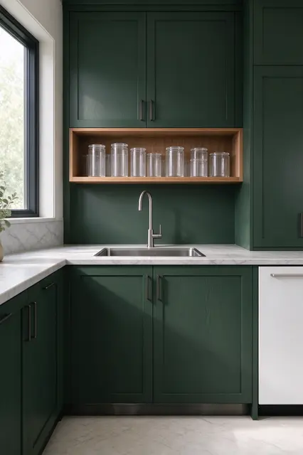 Sunlit butler's pantry with deep green cabinetry, marble counters, a prep sink and glass canisters on open shelving