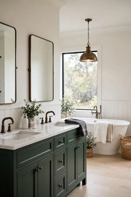 Modern primary bathroom with a dark green double vanity, freestanding tub, and brass pendant light.