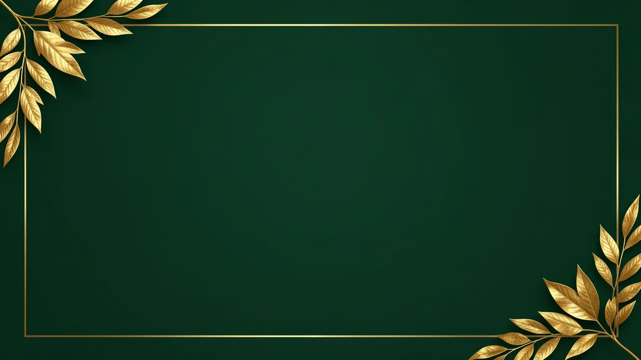 Smooth dark green background with thin gold frame and gilded leaf accents in opposite top-left and bottom-right corners