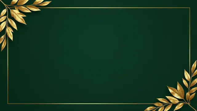 Smooth dark green background with thin gold frame and gilded leaf accents in opposite top-left and bottom-right corners