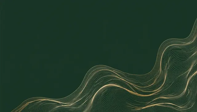 Thin flowing gold wavy lines occupy the lower right of a solid dark green background with empty upper copy space