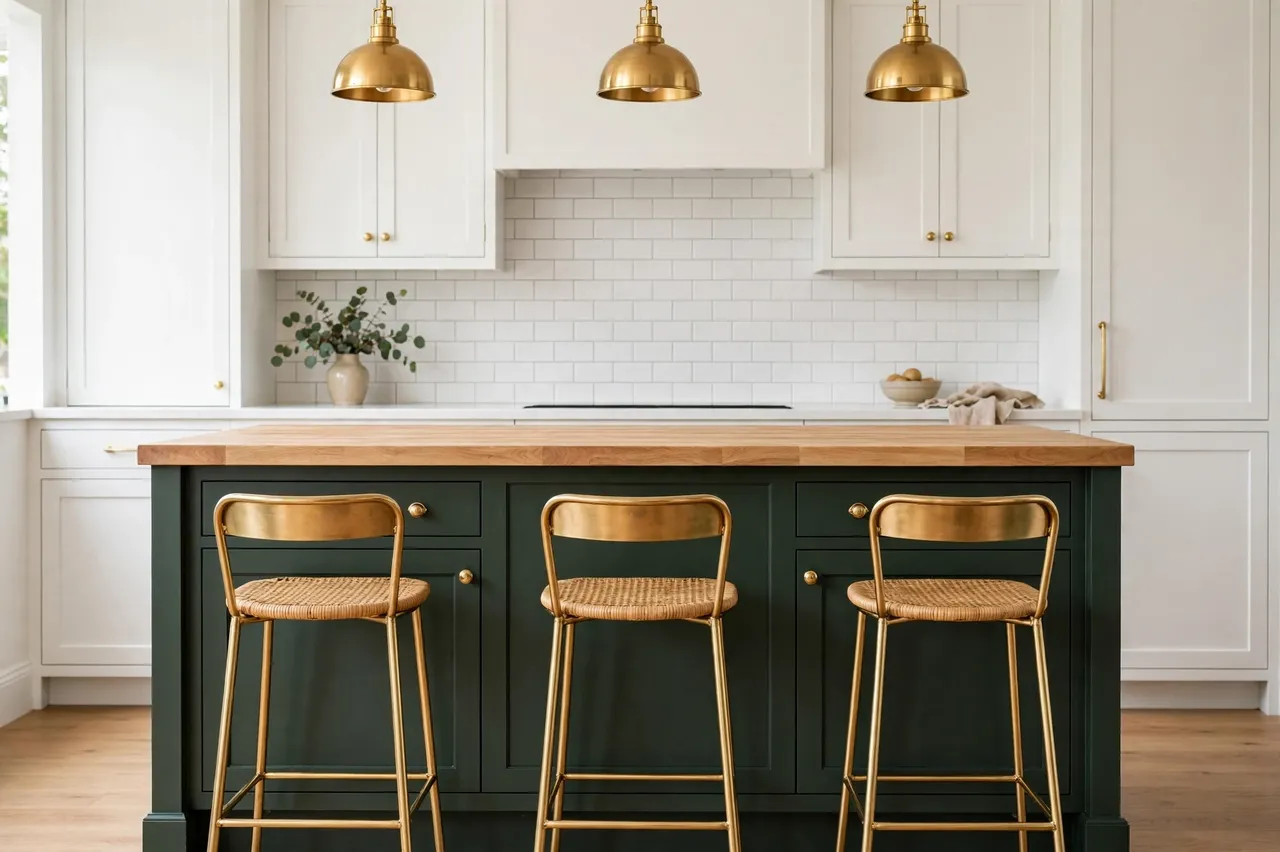 Modern kitchen with dark green island, butcher block top, brass stools and white cabinetry