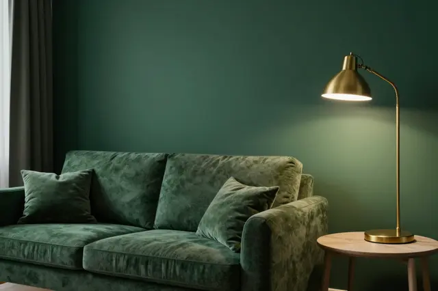 Lit brass floor lamp stands beside a deep green velvet sofa against a dark green interior wall