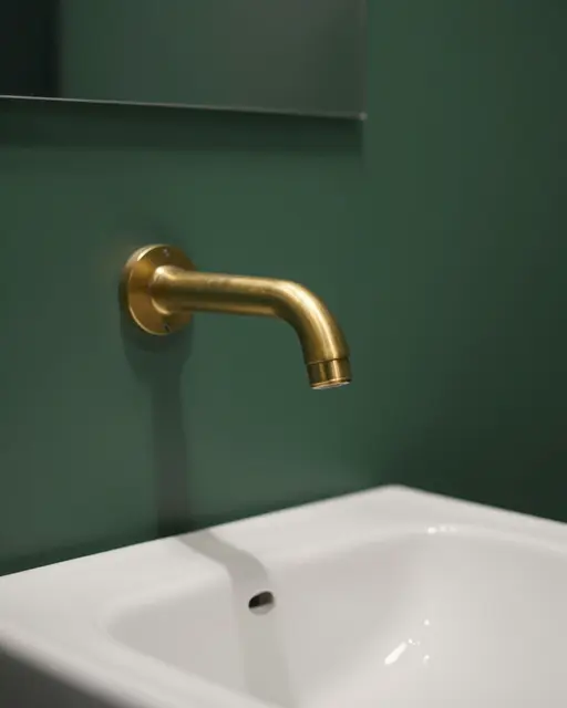 Brass wall-mounted faucet above a white sink against deep green bathroom walls
