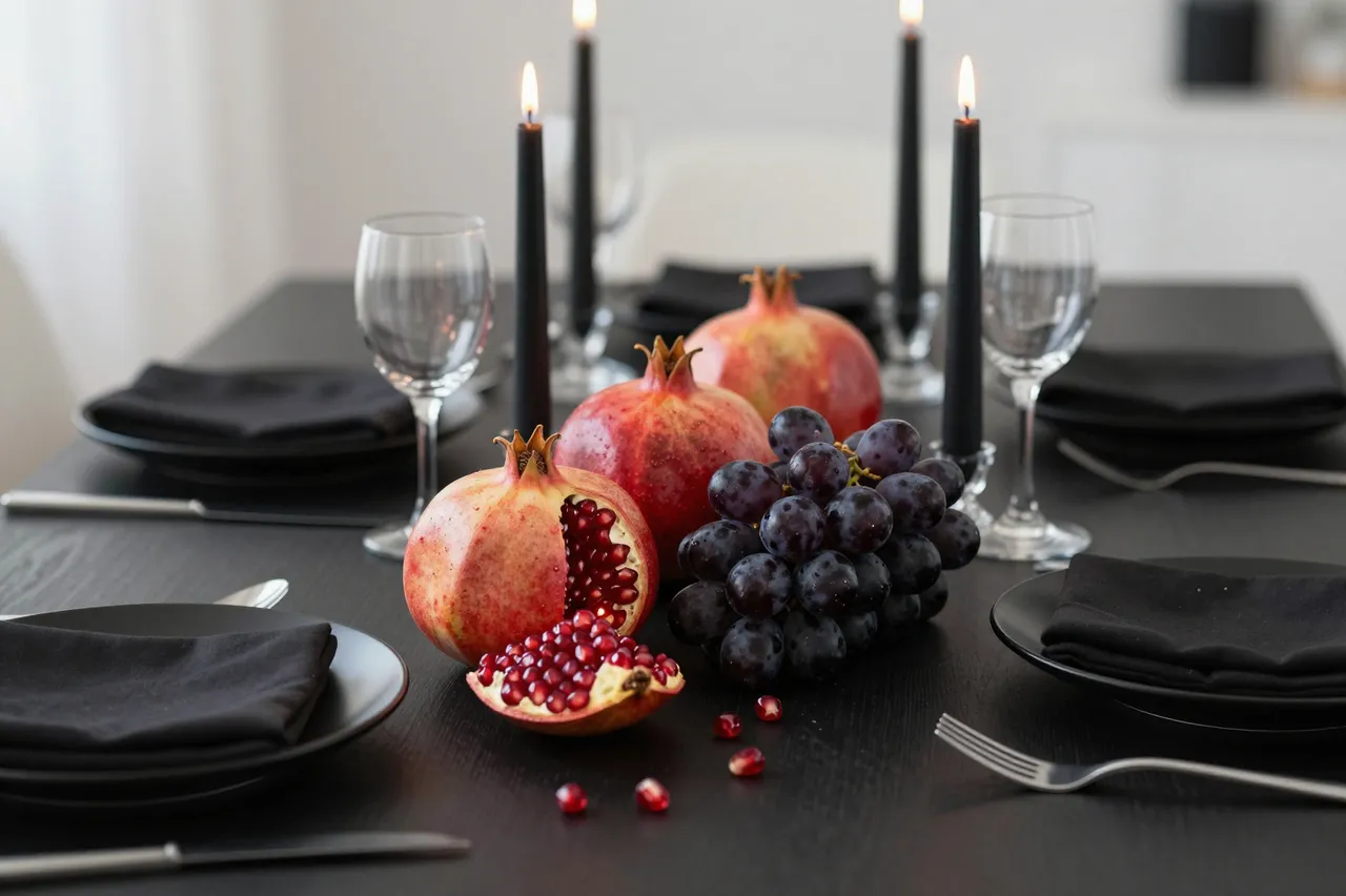 Elegant black Halloween dinner table arranged with pomegranates, dark grapes and lit tall black candles