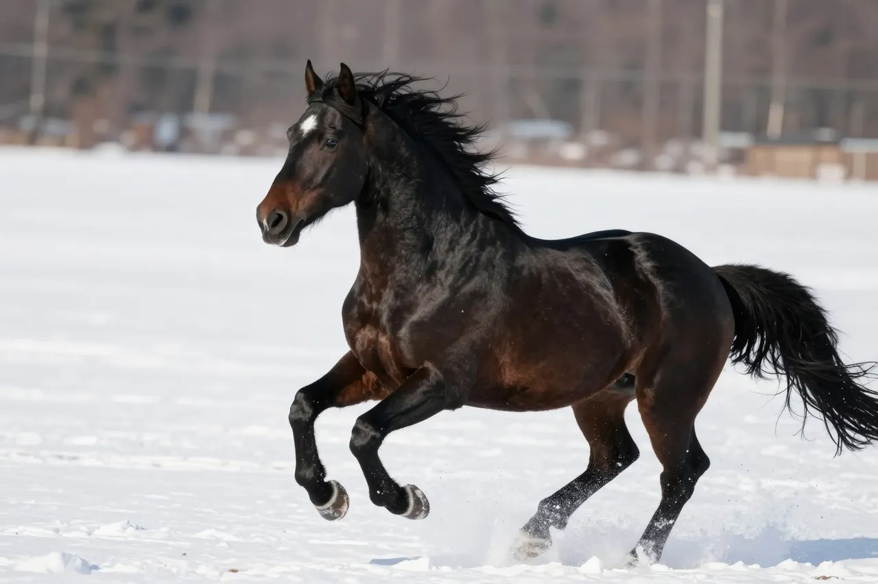 A dark coated horse gallops across a wide open snow covered winter field