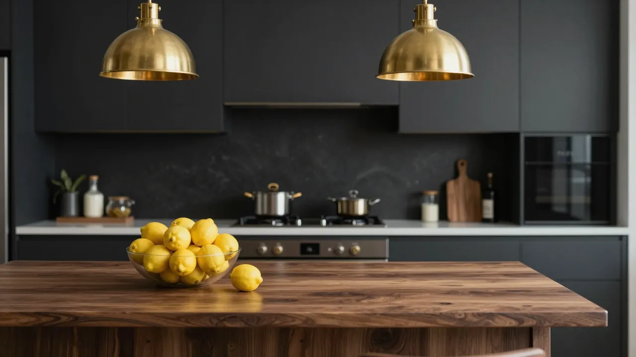 A modern dark kitchen features a walnut island with a glass bowl of lemons under brass pendant lights.