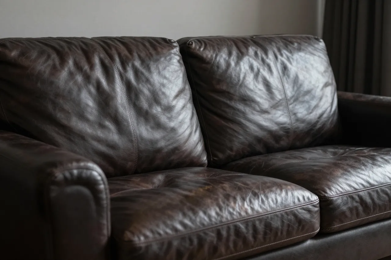 Close-up view of a distressed dark brown leather sofa in a moody dim living room