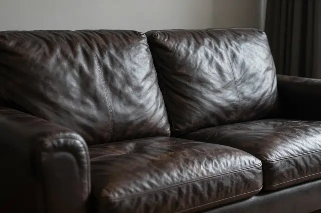 Close-up view of a distressed dark brown leather sofa in a moody dim living room