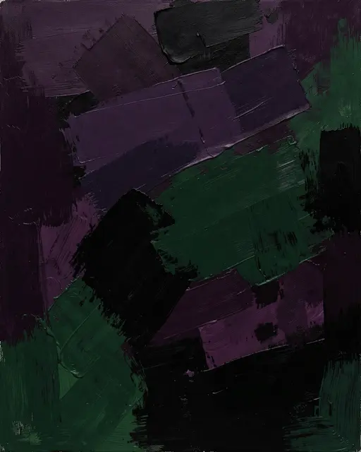 Thick textured abstract oil paint layers in plum, forest green and deep black tones