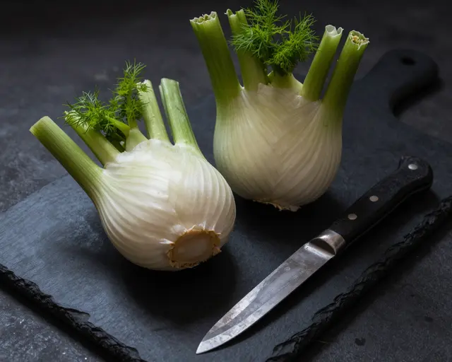 Two fresh fennel bulbs and a small paring knife rest on a dark slate cutting board