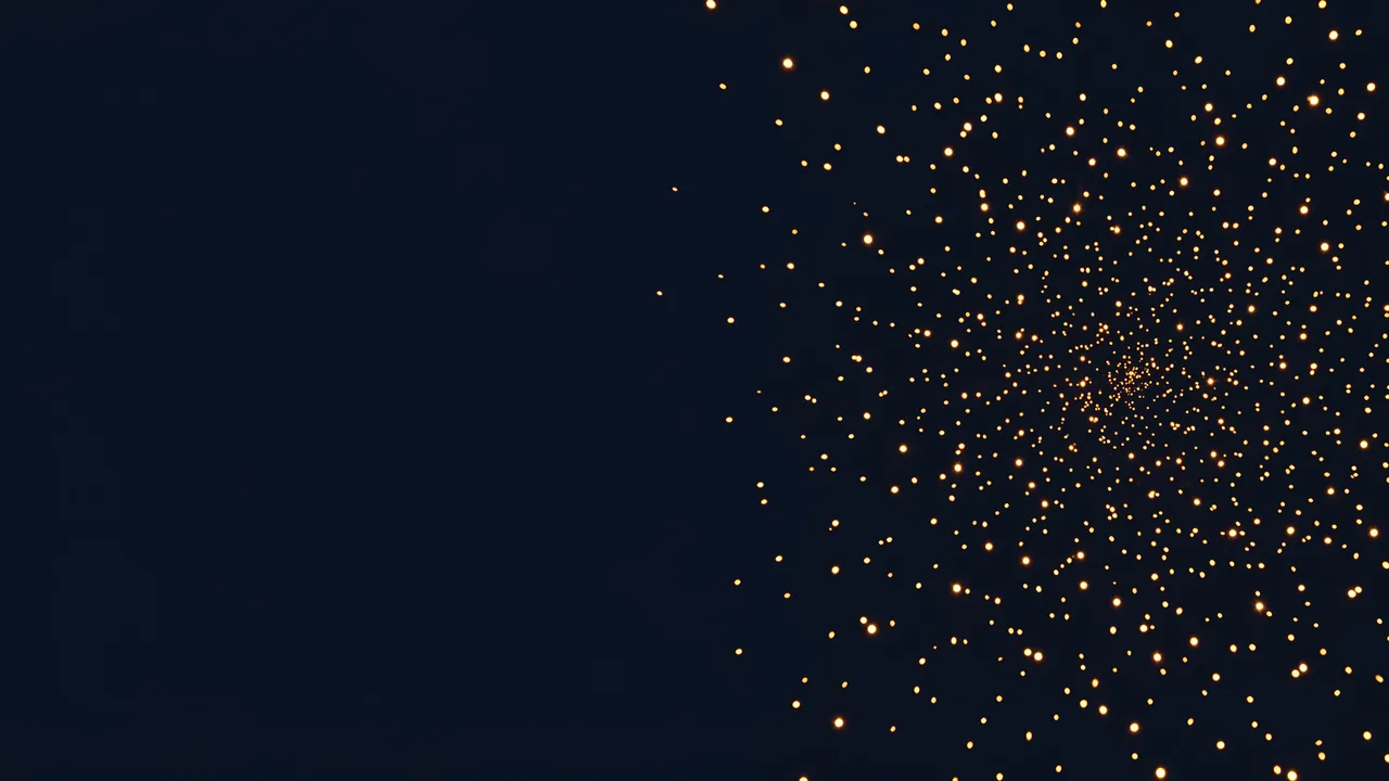 Small warm golden light sparks drift across the right half of a solid dark navy background, with empty copy space on the