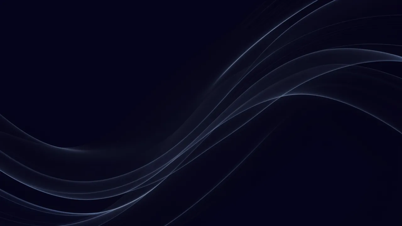 Thin glowing pale light waves curve smoothly across a deep dark navy background