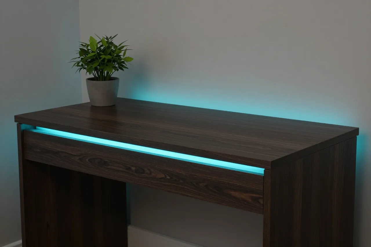 A dark oak desk with an embedded cyan LED strip holds a small potted houseplant against a plain light gray wall