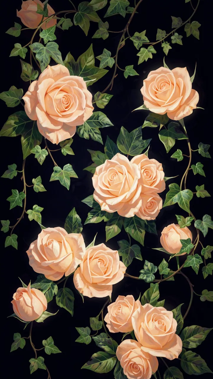 Pale peach roses and trailing green ivy glow against a near-black navy background with a rich painterly style.