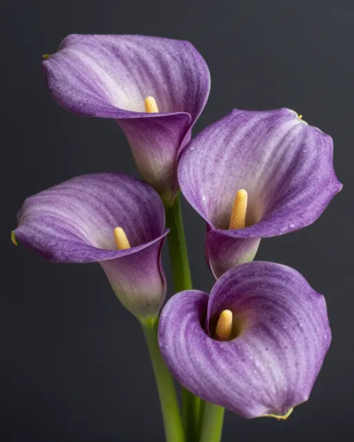 Four deep purple calla lilies with water droplets rest against a solid dark gray background