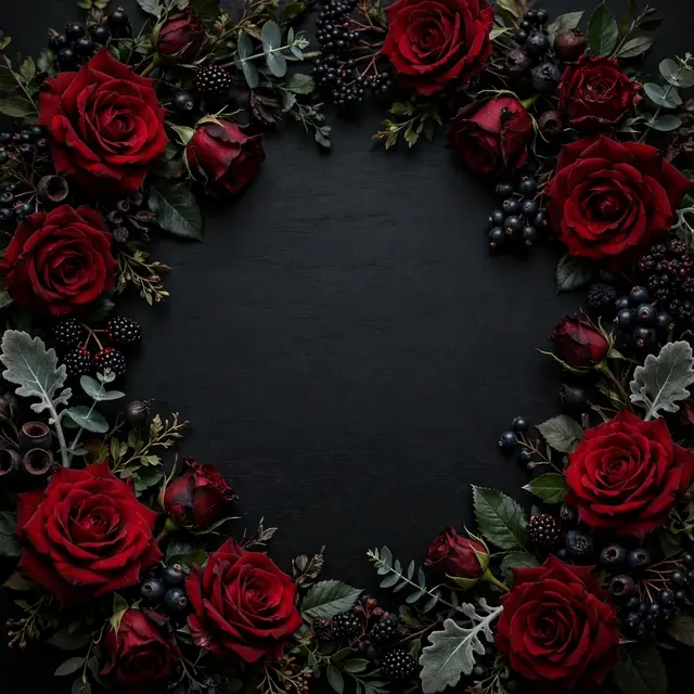 Deep red roses, dark berries and foliage frame the empty center of a black table surface