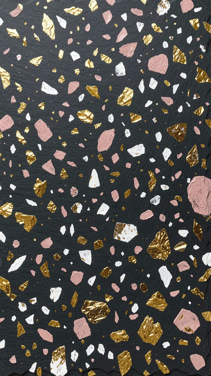 Hand-painted terrazzo pattern with gold, white and dusty rose flecks on a deep dark slate base.