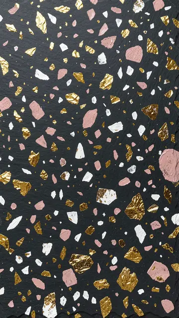 Hand-painted terrazzo pattern with gold, white and dusty rose flecks on a deep dark slate base.