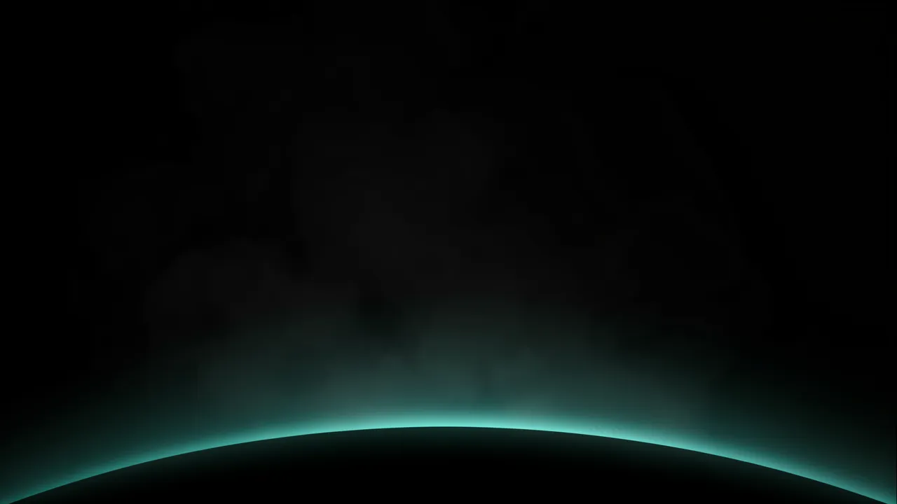 Dark smoky black background with a faint teal glow along a curved bottom horizon and empty open upper space