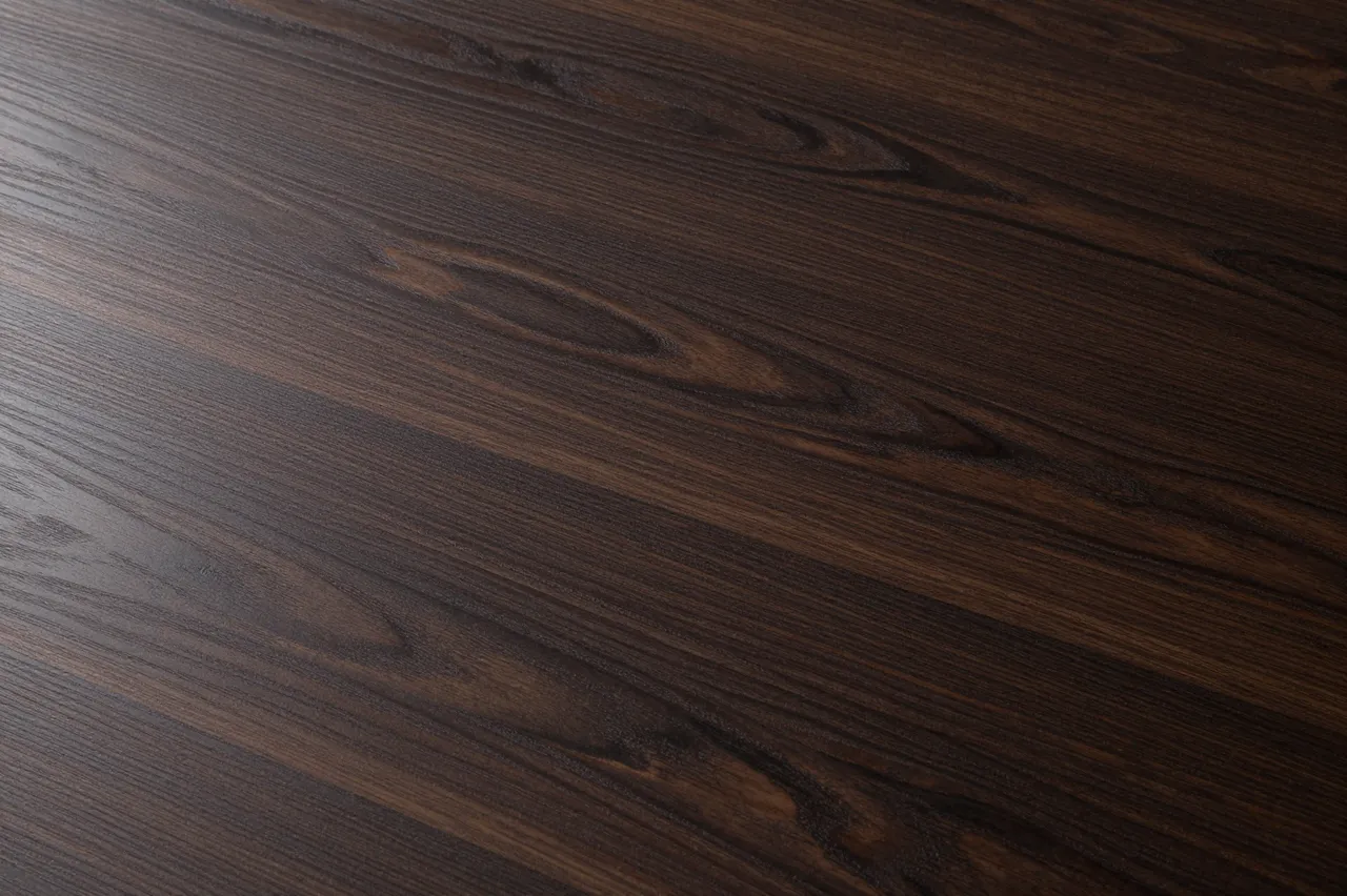 Close-up of glossy varnished dark stained oak wood showing natural grain patterns