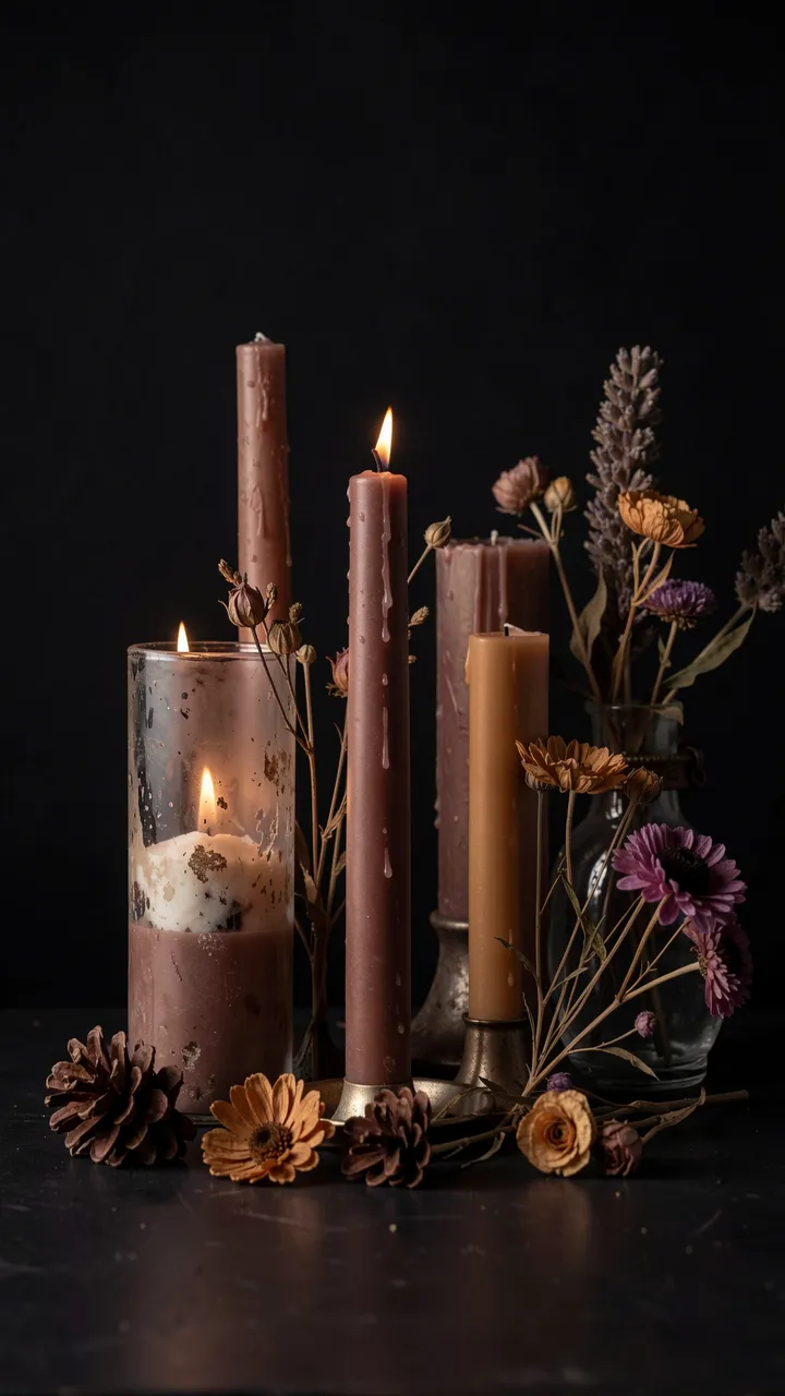 Lit taper candles, dried florals, pine cones and glass vases arranged against a deep black background.