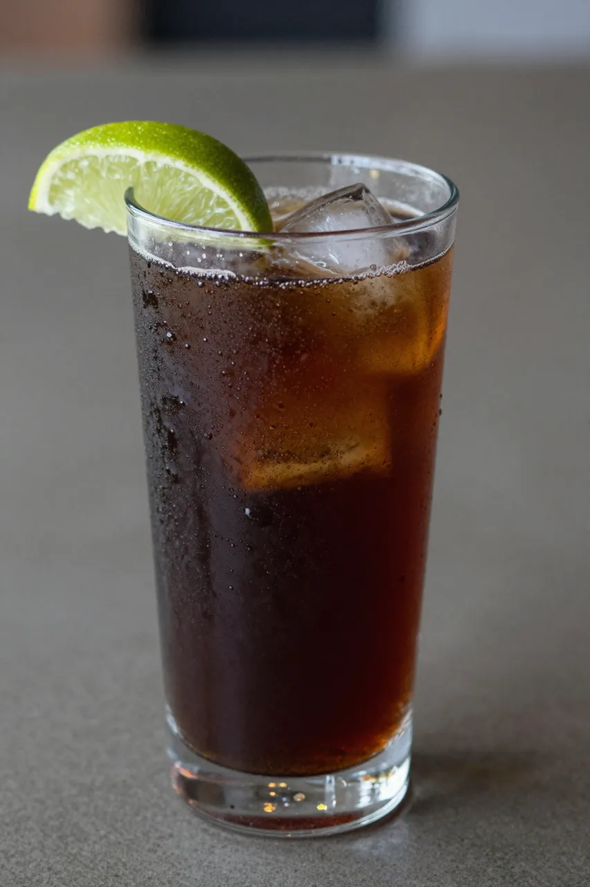 A highball glass holds an iced dark rum and ginger beer cocktail garnished with a lime wedge on the rim
