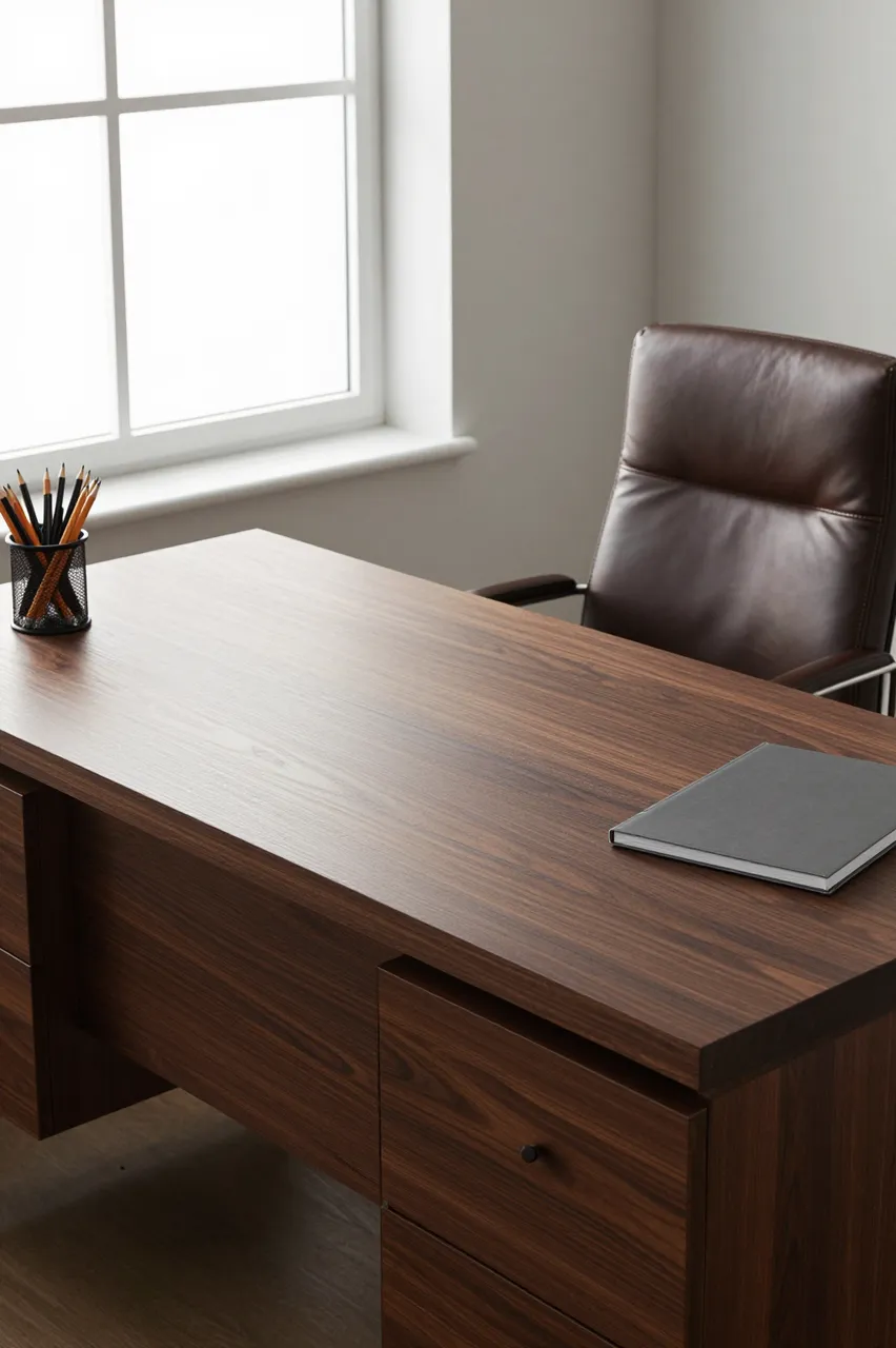 A dark walnut wood desk sits under a window with a leather chair, pencil cup, and closed notebook.