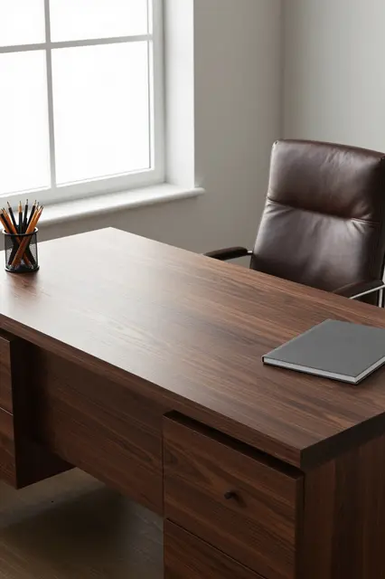 A dark walnut wood desk sits under a window with a leather chair, pencil cup, and closed notebook.