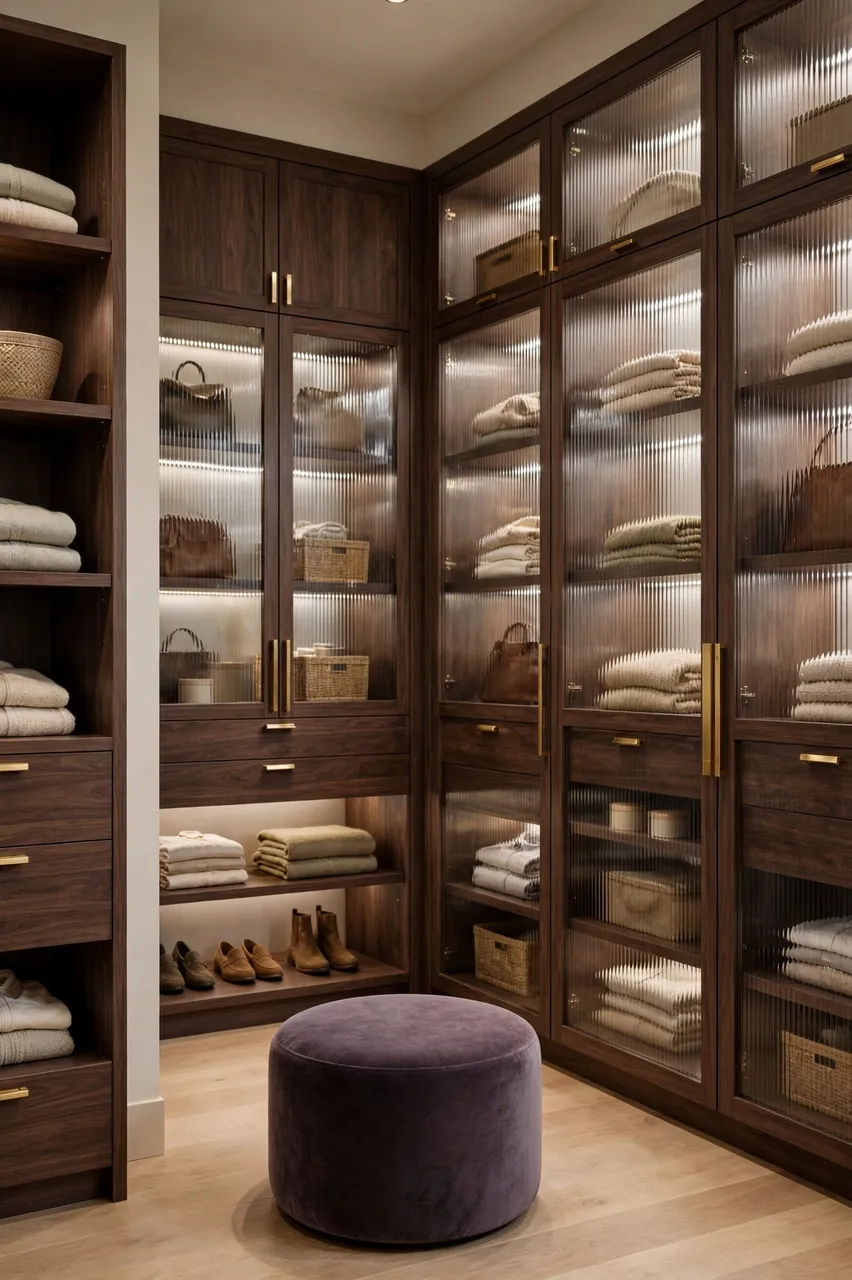 A modern walk-in closet with dark walnut cabinets, reeded glass doors, soft lighting, and a round purple velvet ottoman.