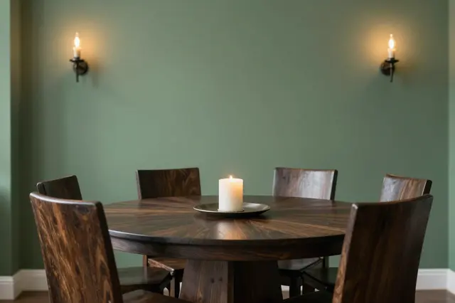 Round dark wood dining table with lit candles sits against muted green interior walls