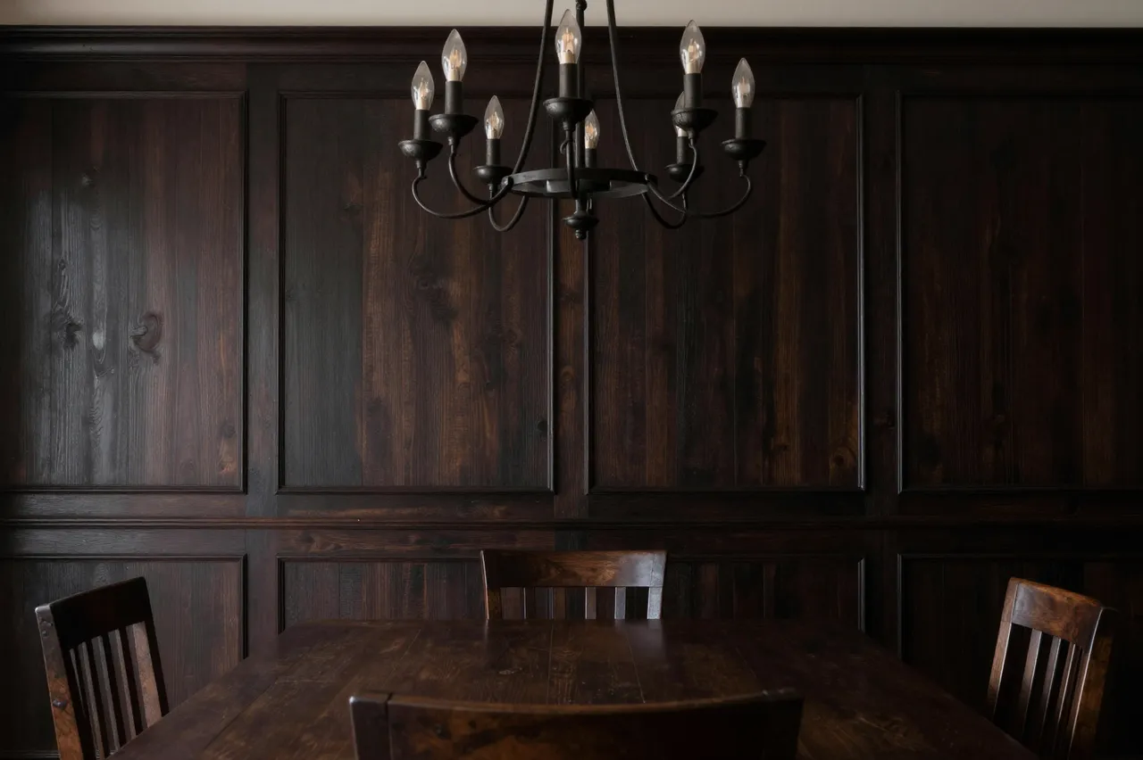 Moody dark wood paneled dining room with iron chandelier, table and chairs, no people