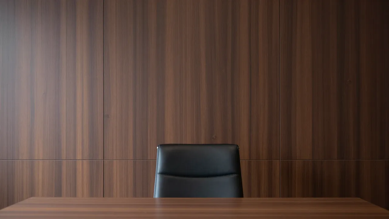 Partial view of a wooden desk and leather office chair against dark wood paneled walls