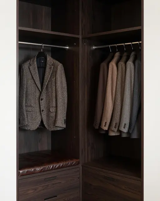 Dark wood walk-in closet with hanging tweed outerwear and a padded leather bench seat