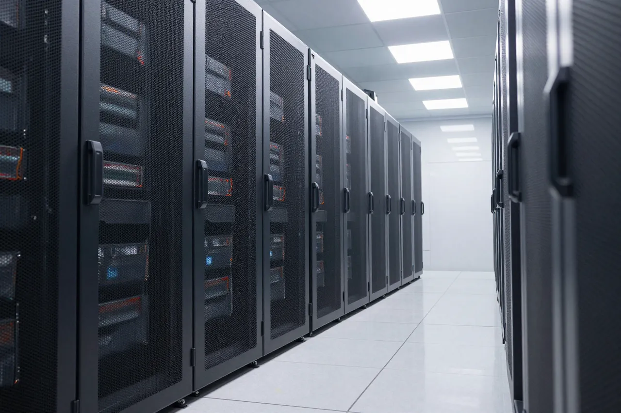 Rows of black server racks line a polished white data center aisle under ceiling panel lights