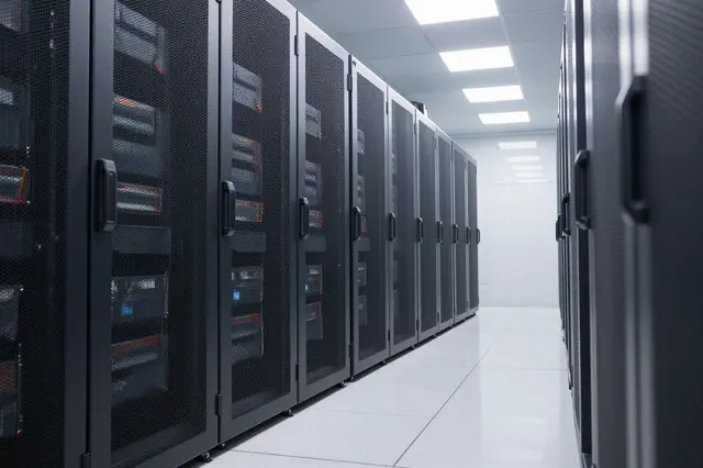 Rows of black server racks line a polished white data center aisle under ceiling panel lights