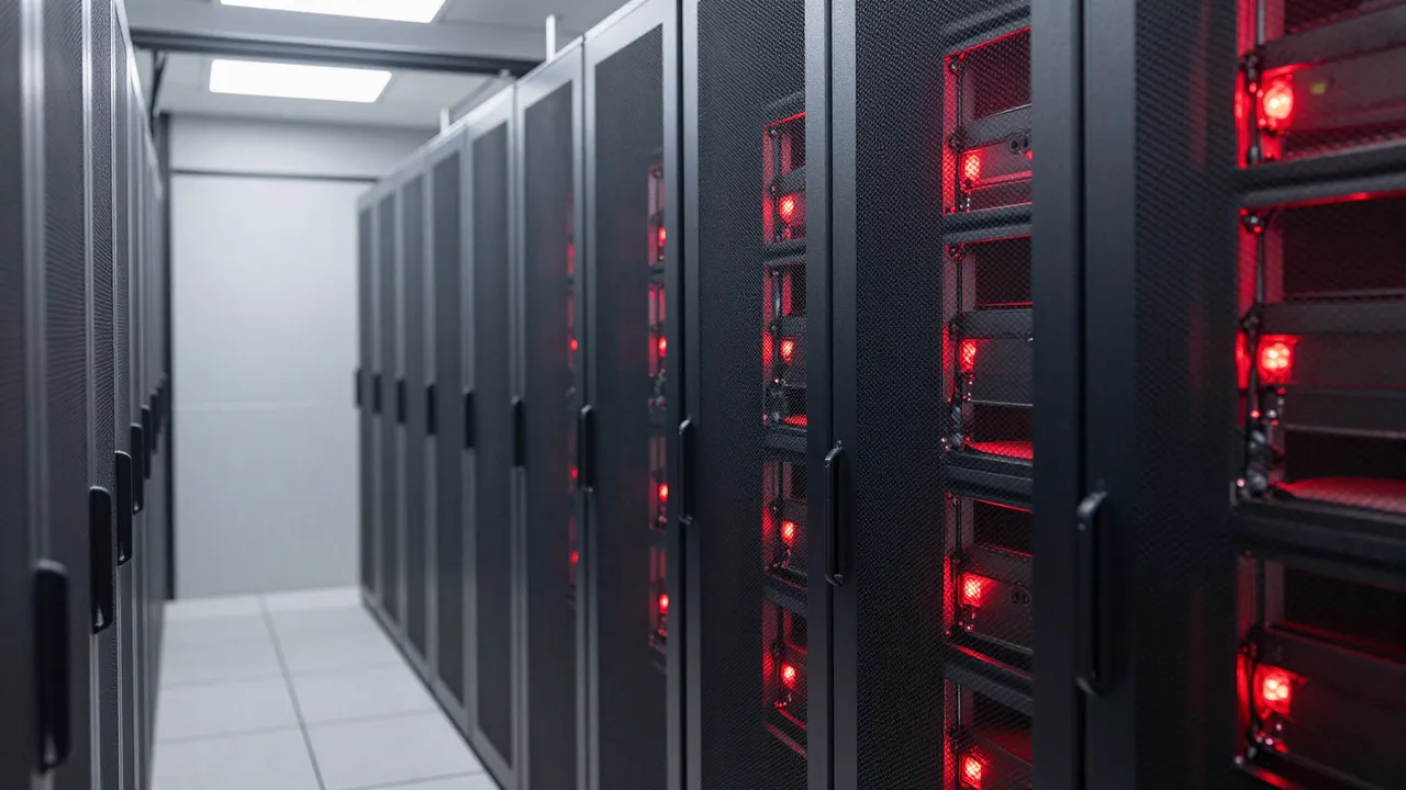 Corridor between rows of dark server racks illuminated by red emergency indicator lights