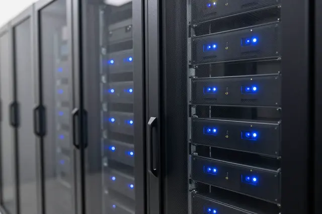 Row of data server racks with glowing blue indicator lights in a dim data hall