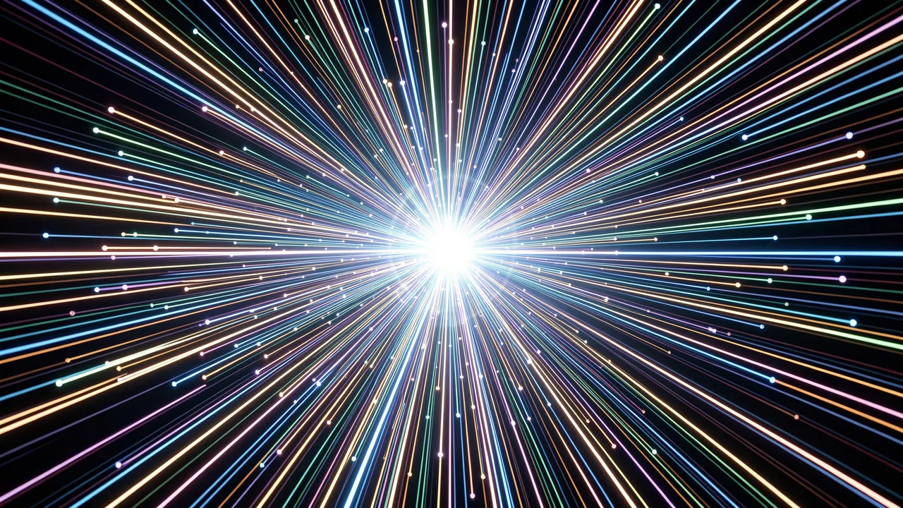 Multicolored glowing light streaks radiate inward to a single bright central convergence point against a dark background