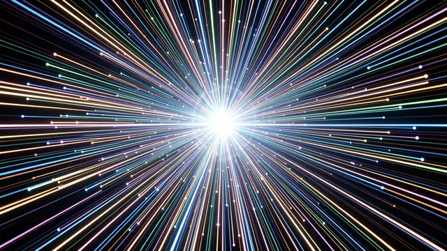 Multicolored glowing light streaks radiate inward to a single bright central convergence point against a dark background