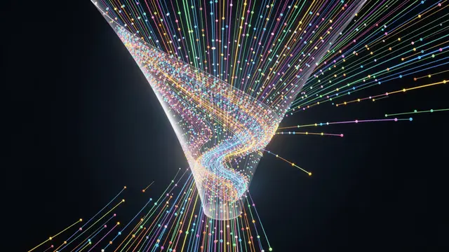 Glowing colored particle streams flow through a translucent funnel on a dark background