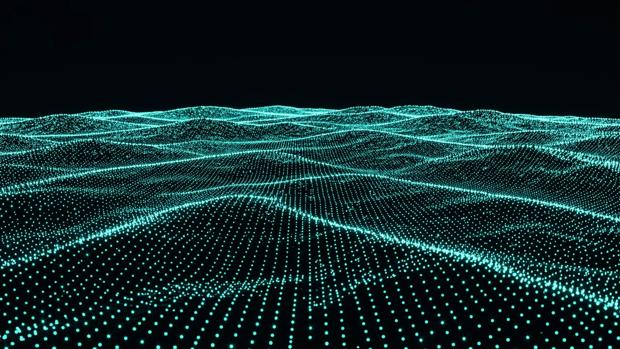 Wavy ocean-like surface of glowing cyan data points against a solid black background