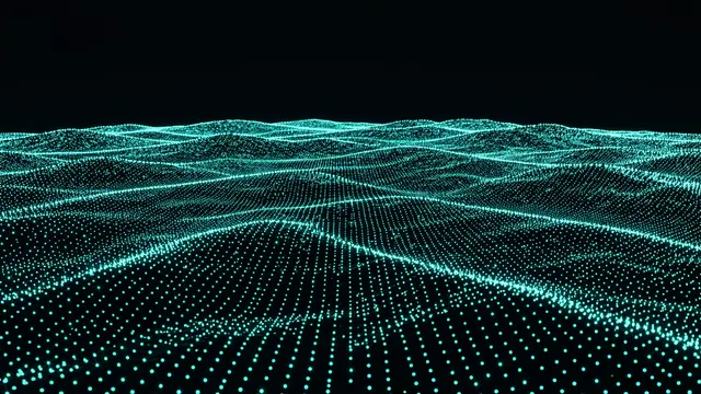 Wavy ocean-like surface of glowing cyan data points against a solid black background