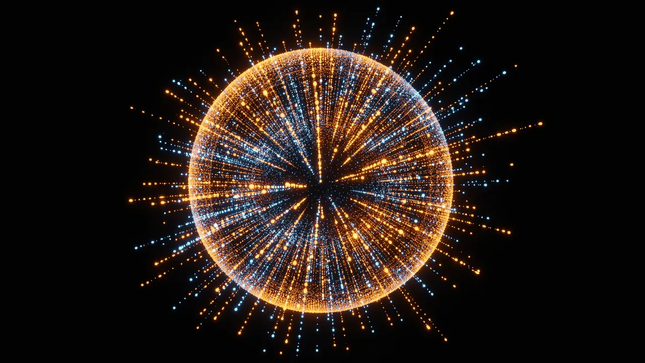A glowing 3D particle sphere of orange and light blue bursts outward against a solid black background