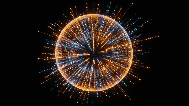 A glowing 3D particle sphere of orange and light blue bursts outward against a solid black background