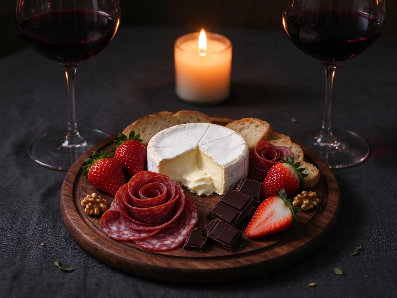 Charcuterie platter with brie, salami, strawberries, chocolate, red wine glasses, and a lit candle on a dark table